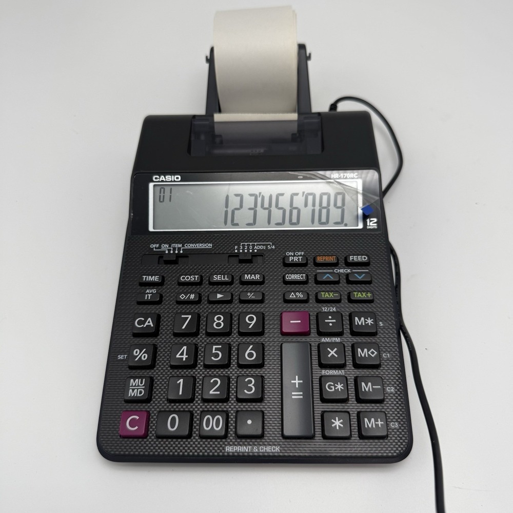 Casio HR-170RC 12-Digit Printing Calculator Reprint Check Tax Cost Sell Black